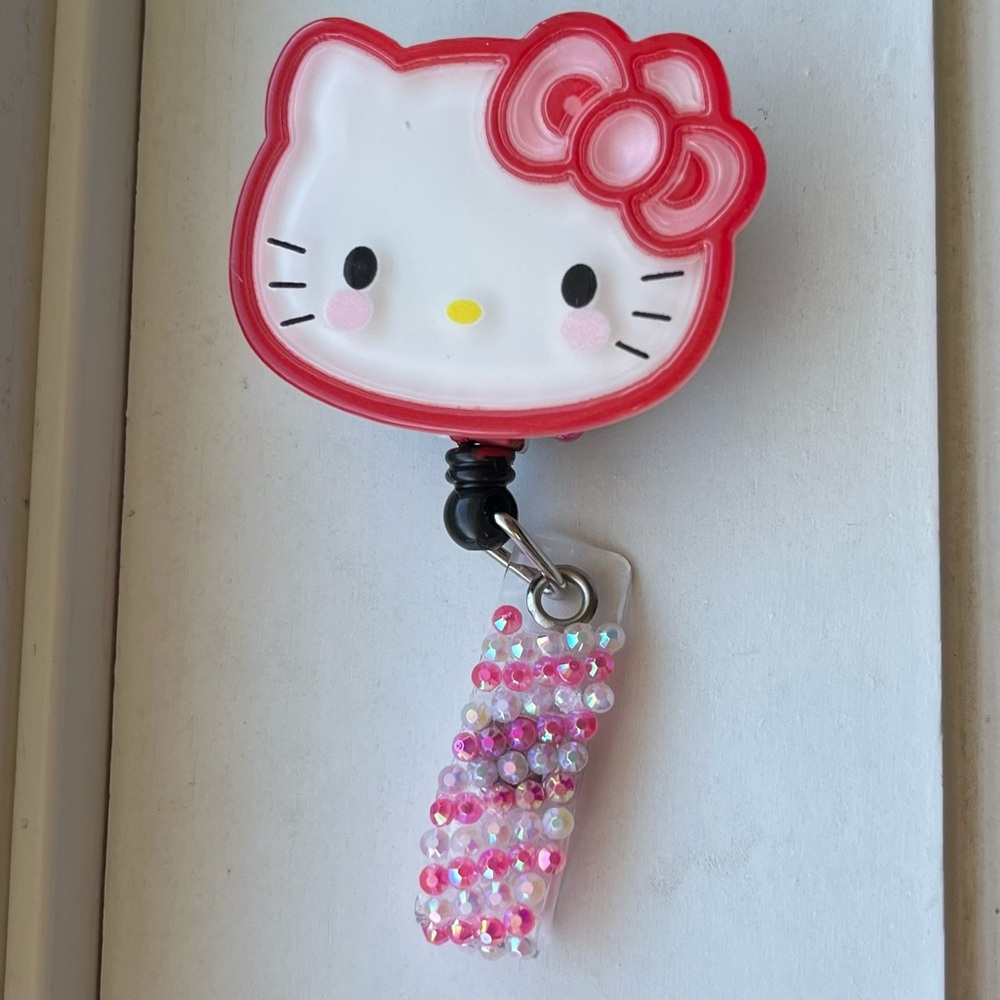 Handmade Hello Kitty Badge Reel ID Holder with Rhinestones